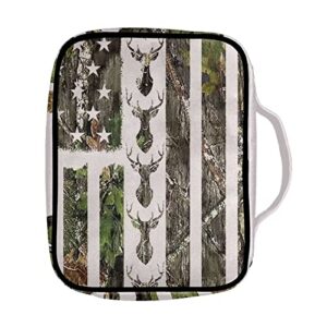 Coloranimal Deer Hunting Camo USA Flag Bible Cover for Women Men with Handle Bible Case Bags with Zippered Carrying Book Bags Handbags Purse Bible Accessories