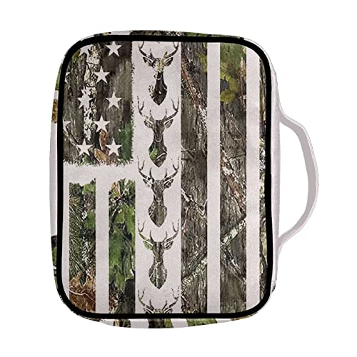 Coloranimal Deer Hunting Camo USA Flag Bible Cover for Women Men with Handle Bible Case Bags with Zippered Carrying Book Bags Handbags Purse Bible Accessories