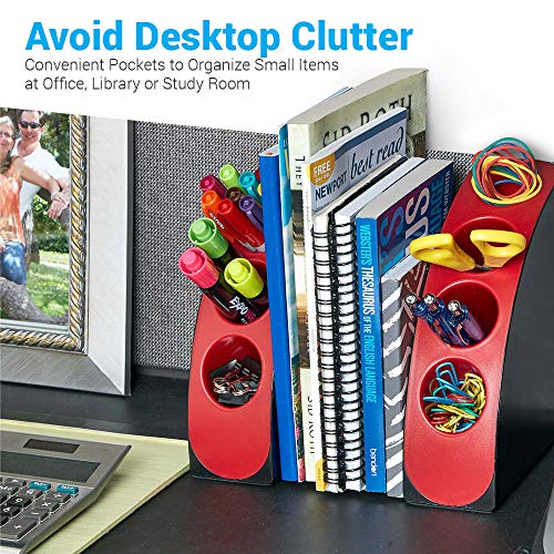 AdirOffice Smart Quarter Bookends & Office Desk Organizer - Heavy Duty Plastic w Non Skid Bottom - Includes Storage Wells to Keep Your Pens/Pencils in Place for Office/School/Library (Black and White)