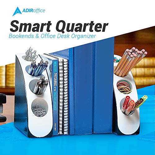 AdirOffice Smart Quarter Bookends & Office Desk Organizer - Heavy Duty Plastic w Non Skid Bottom - Includes Storage Wells to Keep Your Pens/Pencils in Place for Office/School/Library (Black and White)