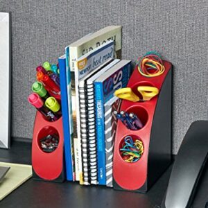 AdirOffice Smart Quarter Bookends & Office Desk Organizer - Heavy Duty Plastic w Non Skid Bottom - Includes Storage Wells to Keep Your Pens/Pencils in Place for Office/School/Library (Black and White)