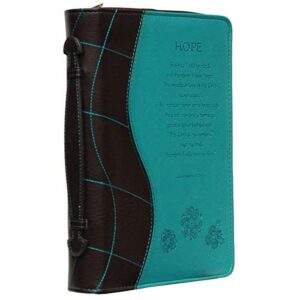 teal faux leather bible cover for women | hope – lamentations 3:29 | zippered case for bible or book with handle, medium