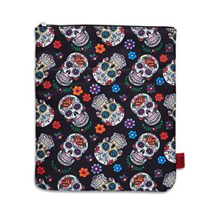sugar skull book sleeve, dia de los muertos skull gifts day of the dead book covers for paperbacks, book sleeves with zipper protector 11 x 8.5 inch