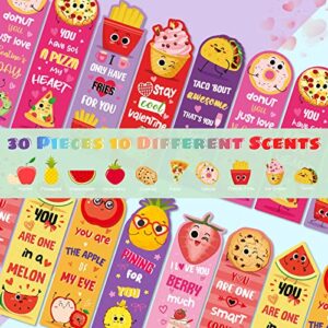 30 Pieces Valentine's Scented Bookmarks Scratch and Sniff Bookmarks Fruit Food Assorted Scented Funny Sayings Bookmarks for Kids Teenagers Classroom Valentines Day Gifts