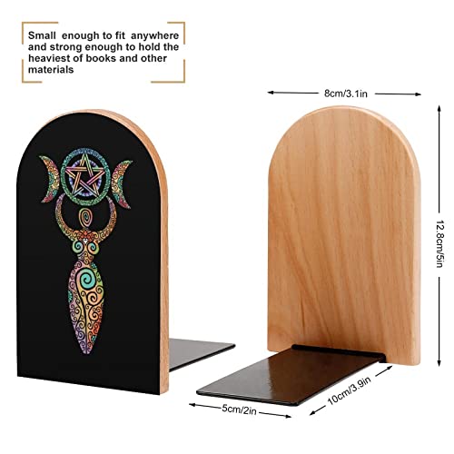 Hon-Lally Wicca Wiccan Triple Moon Gaia Themed Pattern Wood Bookends Decorative Bookend Non-Skid Office Book Stand for Books Office Files Magazine, One Size