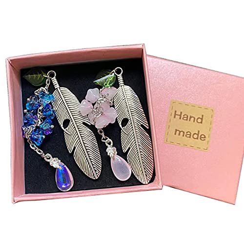 2 Pack Mental Feather Bookmark with Gift Box, Cute Leaf Bookmark Gift for Women Kid Student Teacher Book Lover (Purple and Pink Flower)