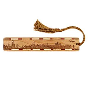 chicago illinois skyline engraved wooden bookmark with tassel – made in usa – also available personalized