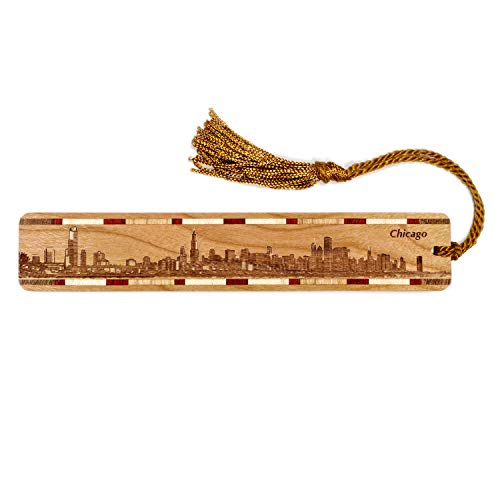 Chicago Illinois Skyline Engraved Wooden Bookmark with Tassel - Made in USA - Also Available Personalized