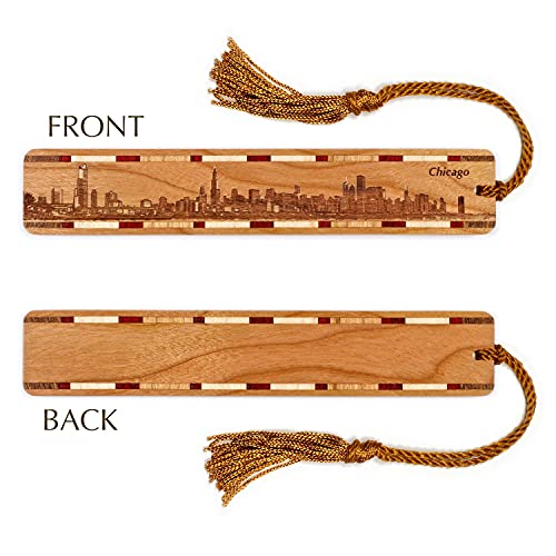 Chicago Illinois Skyline Engraved Wooden Bookmark with Tassel - Made in USA - Also Available Personalized