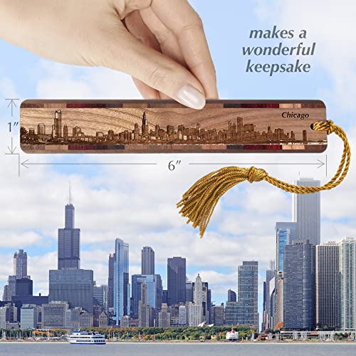 Chicago Illinois Skyline Engraved Wooden Bookmark with Tassel - Made in USA - Also Available Personalized