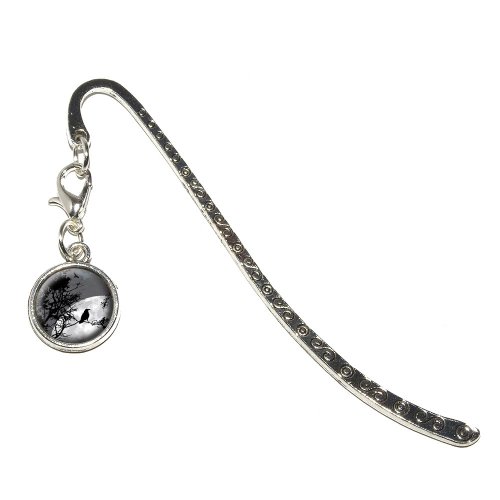 Raven at Night - Black Bird Full Moon Metal Bookmark Page Marker with Charm