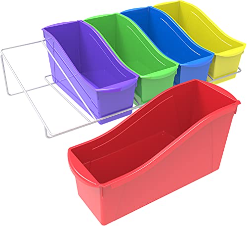 Storex Large Book Bins, Metal Shelf Rack Included, Assorted Colors, Set of 5 (71125A01C)