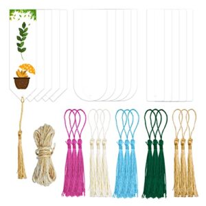 15pcs acrylic bookmark blanks with colorful tassels and 5m jute twine, 3 shapes clear acrylic bookmarks set, diy rectangle book markers for book lovers women men (5 colors)