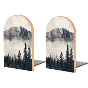 hon-lally forest tree foggy mountain pattern wood bookends decorative bookend non-skid office book stand for books office files magazine, one size