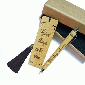 handmade bamboo bookmark with laser carved quote, wooden bookmark with beautiful tassel,a unique gift with ball point pen set for teachers, students, men and women. (things (5))