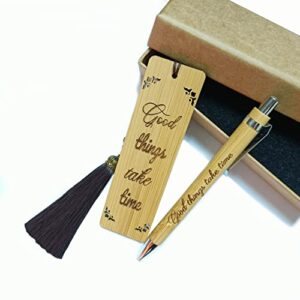 Handmade Bamboo Bookmark with Laser Carved Quote, Wooden Bookmark with Beautiful Tassel,A Unique Gift with Ball Point Pen Set for Teachers, Students, Men and Women. (Things (5))