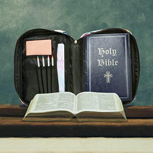 Bible Cover for Women, Bible Carrying Case with Zipper Pocket, Twill Oxford Bible Bag Book Bag Case for Standard Size Bible Book (Black Floral)