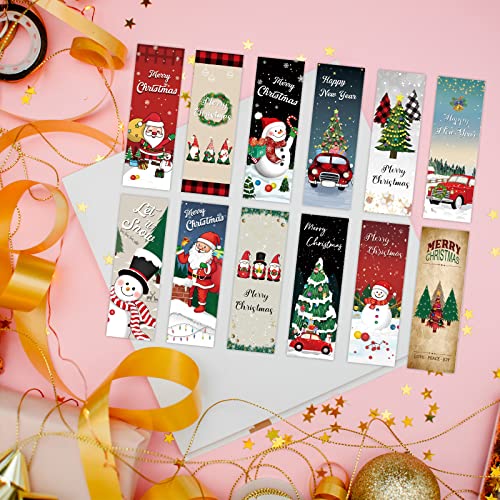 12 PCS Christmas Bookmarks for Book Lovers, Cute Book Markers for Kids Reading, Paper Book Mark, Printing on 2 Sides About Xmas Holiday Present