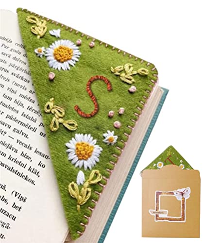 26 Letters Personalized Hand Embroidered Corner Bookmark,Felt Triangle Page Stitched Corner Handmade Bookmark,Unique Cute Flower Letter Embroidery Bookmarks Accessories for Book Lovers