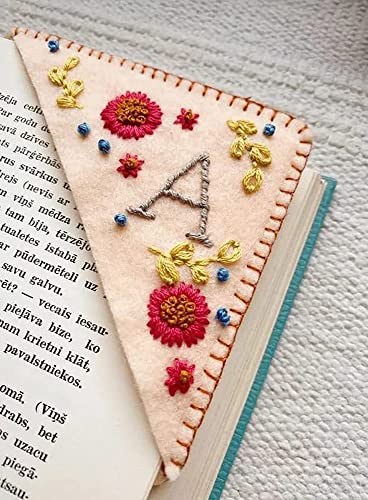 Personalized Hand Embroidered Corner Bookmark - Hand Stitched Felt Corner Letter Bookmark, Felt Triangle Bookmark, Cute Flower Letter Embroidery Bookmark for Book Lovers (R, Fall)