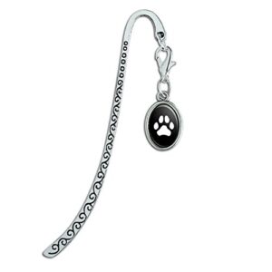 paw print dog cat white on black metal bookmark page marker with oval charm