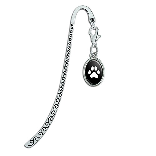 Paw Print Dog Cat White on Black Metal Bookmark Page Marker with Oval Charm