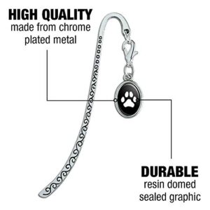 Paw Print Dog Cat White on Black Metal Bookmark Page Marker with Oval Charm