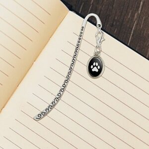 Paw Print Dog Cat White on Black Metal Bookmark Page Marker with Oval Charm