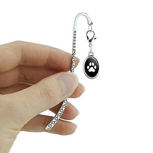 Paw Print Dog Cat White on Black Metal Bookmark Page Marker with Oval Charm