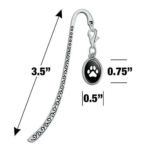 Paw Print Dog Cat White on Black Metal Bookmark Page Marker with Oval Charm