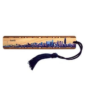 personalized seattle, washington skyline – color wooden bookmark with tassel – made in usa