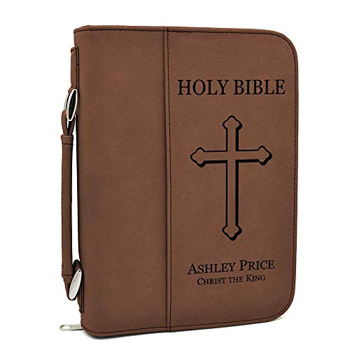 Custom Bible Cover - Holy Bible with Cross - Dark Brown Bible Case with Black Engraving