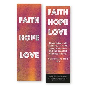 faith hope love, 1 corinthians 13:13, bulk pack of 25 christian bookmarks for kids, childrens bible verse book markers, sunday school prizes with memory verses, scripture gifts for kids & youth