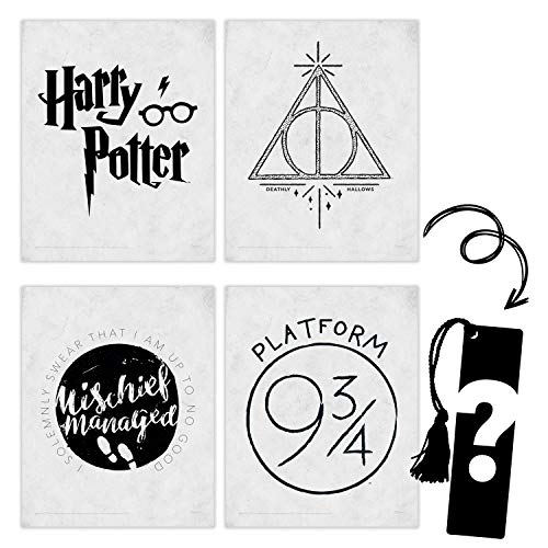 TRENDYPRINT – Harry Potter – Symbols – Deathly Hallows – Mischief Managed – Platform 9 ¾ - Set of 4 8" x 10" Prints – Includes A Collectible Wizarding World Bookmark!