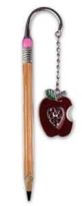 teacher bookmark – pencil design with jeweled & enameled apple style charm – teacher appreciation gift