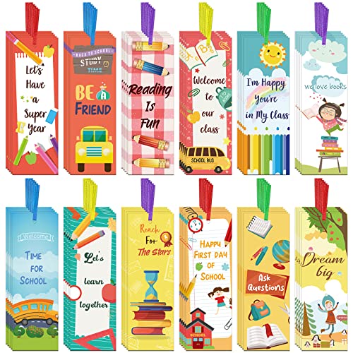 120 Pack Back to School suppies for Students, First Day of School Bookmarks, Kids Bookmarks with 120 Pack Hanging Ropes for Back to School Decor Kindergarten Classroom Teachers Inspirational Awards