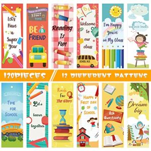 120 Pack Back to School suppies for Students, First Day of School Bookmarks, Kids Bookmarks with 120 Pack Hanging Ropes for Back to School Decor Kindergarten Classroom Teachers Inspirational Awards