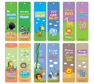 creanoso safari animals motivational bookmark cards (12-pack) – premium quality set – inspiring inspirational words for boys, girls, kids – six assorted bookmarks designs pack