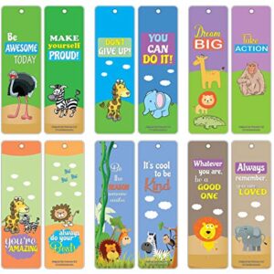 Creanoso Safari Animals Motivational Bookmark Cards (12-Pack) – Premium Quality Set – Inspiring Inspirational Words for Boys, Girls, Kids – Six Assorted Bookmarks Designs Pack