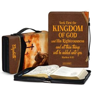 jesuspirit – lion & cross – zippered bible cover with name – all these things will be added unto you – xlarge size leather case with handle – matthew 6:33 – worship gift for religious leaders, members