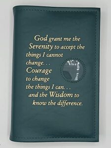 alcoholics anonymous aa big book cover serenity prayer & medallion holder green