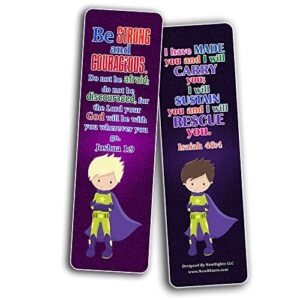 Religious Bookmarks for Kids - Super Hero (12 Pack) - Collection of Bible Verses for Kids - Stocking Stuffers Devotional Bible Study - Church Ministry Supplies Teacher Classroom Incentive Gifts