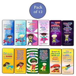 Religious Bookmarks for Kids - Super Hero (12 Pack) - Collection of Bible Verses for Kids - Stocking Stuffers Devotional Bible Study - Church Ministry Supplies Teacher Classroom Incentive Gifts