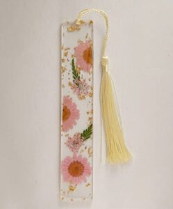 pink daisy dry flower bookmark,handmade resin dried flower bookmark with tassels