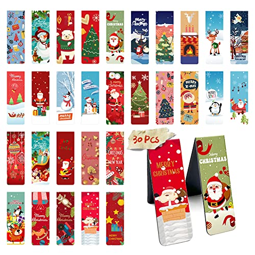 30 Pieces Christmas Magnetic Bookmarks Tags, NDLT Cute Magnet Page Clips Bookmark with Santa Snowman Reindeer Christmas Tree Pattern for Women Men Kids Book Lovers, Xmas New Year Gift Hanging Tags