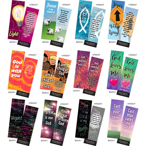 Children's and Youth Scripture Bookmarks, Variety Pack of 60 | Popular Memory Verses | 12 Designs, 5 of Each | Great Gift to Build Faith and Share The Gospel | for Youth and Children | Assortment 1