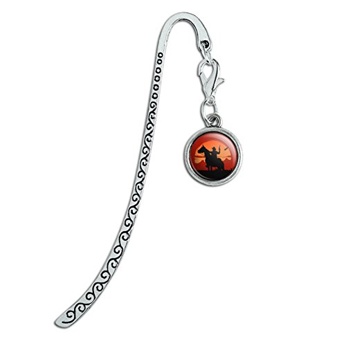 Cowboy on Horse with Red Sunset and Gun Metal Bookmark Page Marker with Charm