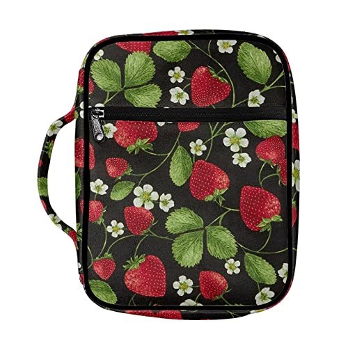 SCRAWLGOD Strawberry Print Bible Cover for Womens Bible Holder Bible Cover Carrier Carrying Organizer Bag, Book Covers Kids Scripture Carrying Case with Handle Pockets