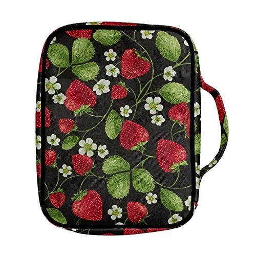 SCRAWLGOD Strawberry Print Bible Cover for Womens Bible Holder Bible Cover Carrier Carrying Organizer Bag, Book Covers Kids Scripture Carrying Case with Handle Pockets