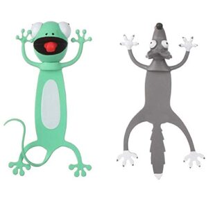 cute bookmark 3d cartoon book marker 2pcs set – frog + wolf animal pvc material funny bookmark student gifts (frog + wolf)